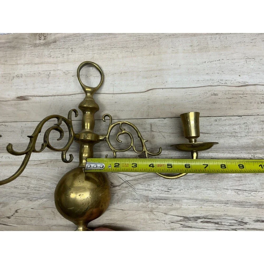 Vtg Solid Brass Double Arm Wall Sconse Candle Holder Dutch Colonial Style